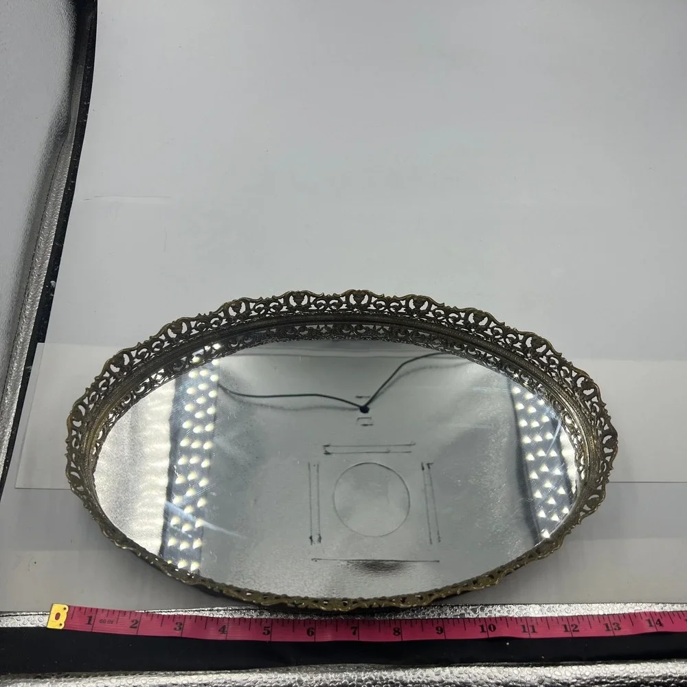 Vintage Oval Mirrored Vanity Tray Gold Tone Ornate Filigree Frame 14 Inch Mirror
